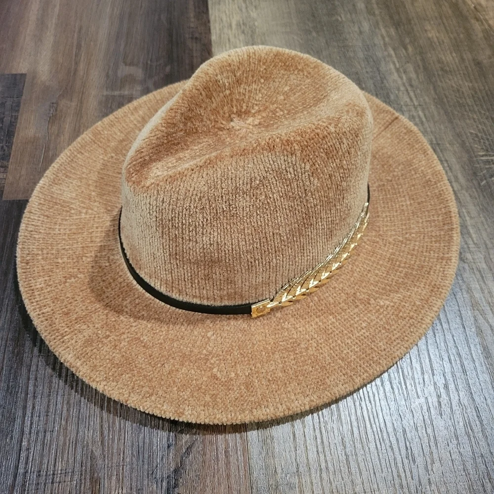 Brown Corduroy Women's Hat with Gold Leaf Accent
